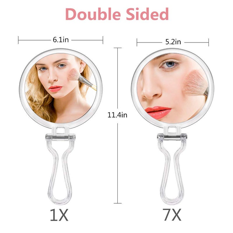 Cheftick Double Sided Hand Held Mirror - 1X & 7X Magnifying Handheld Makeup Mirror with Adjustable Folding Handle, Portable, Transparent & Round (6") - Image 3